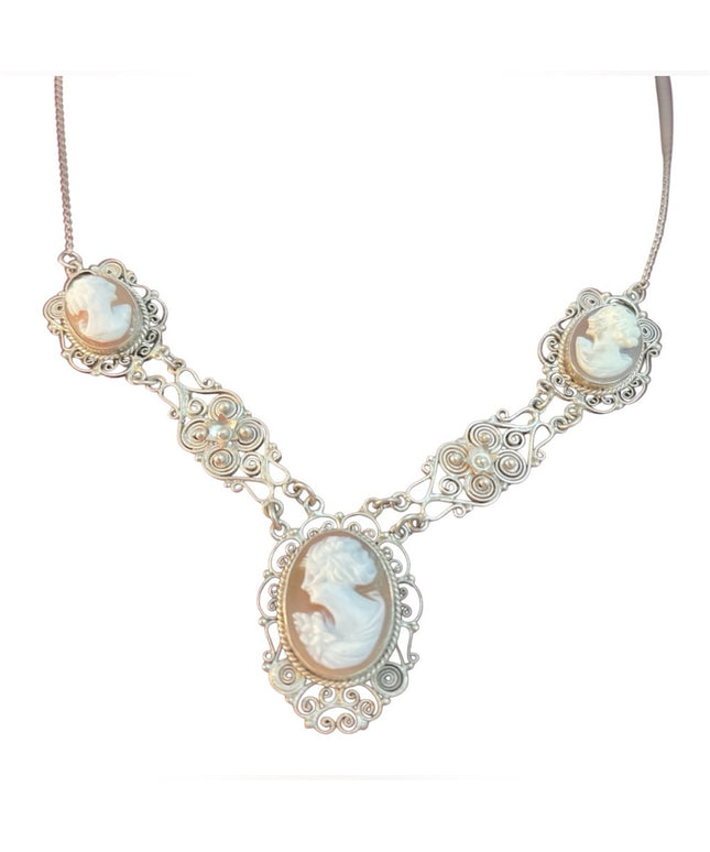 Victorian 800 Silver filagree shell Cameo Necklace