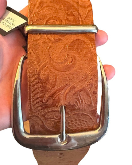 Embossed floral Antoniazzi Firenze ITALY wide Leather Belt Silver Buckle NWT