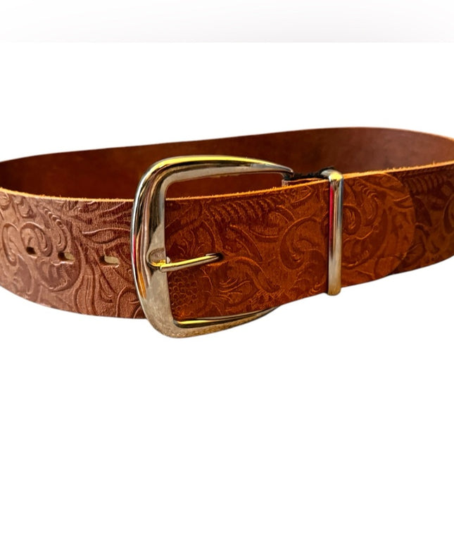 Embossed floral Antoniazzi Firenze ITALY wide Leather Belt Silver Buckle NWT