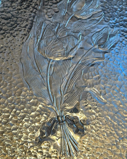 Vintage Hand Wrought Aluminum Silver Flower Floral Serving Tray 1950s