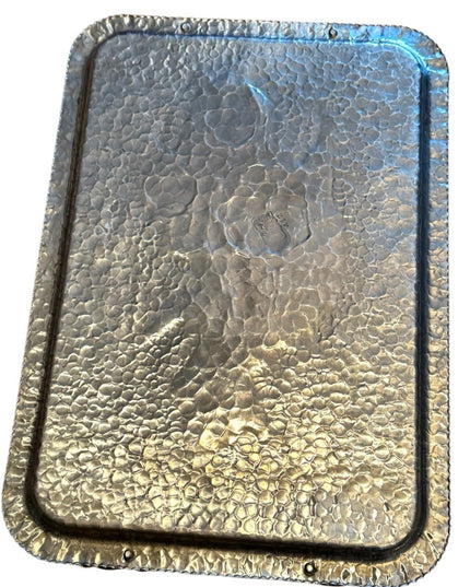 Vintage Hand Wrought Aluminum Silver Flower Floral Serving Tray 1950s