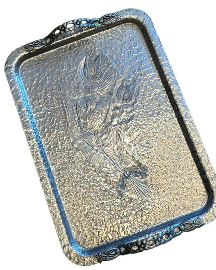 Vintage Hand Wrought Aluminum Silver Flower Floral Serving Tray 1950s