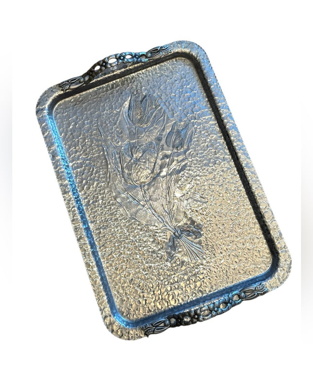 Vintage Hand Wrought Aluminum Silver Flower Floral Serving Tray 1950s