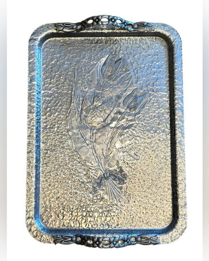 Vintage Hand Wrought Aluminum Silver Flower Floral Serving Tray 1950s