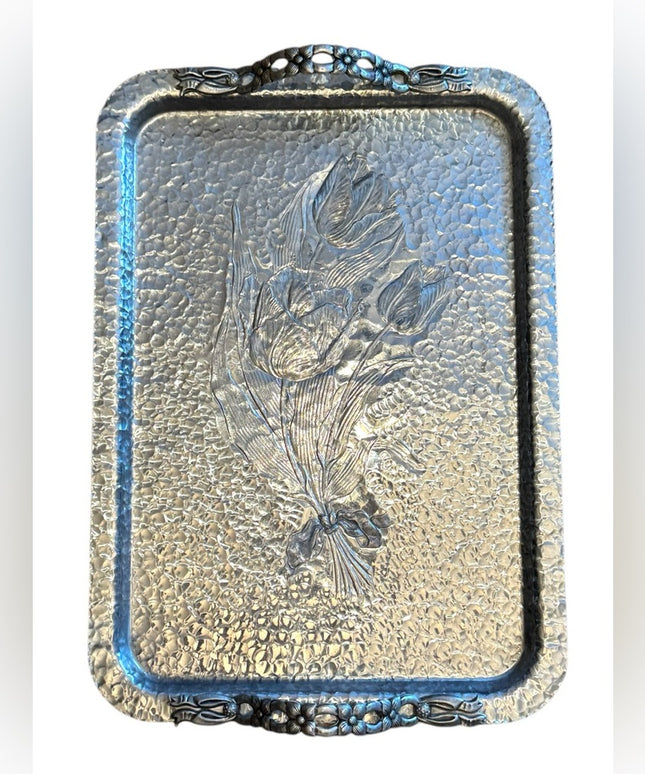 Vintage Hand Wrought Aluminum Silver Flower Floral Serving Tray 1950s