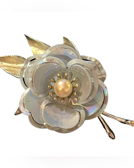 Beautiful large blue metal faux pearl flower brooch 1970s
