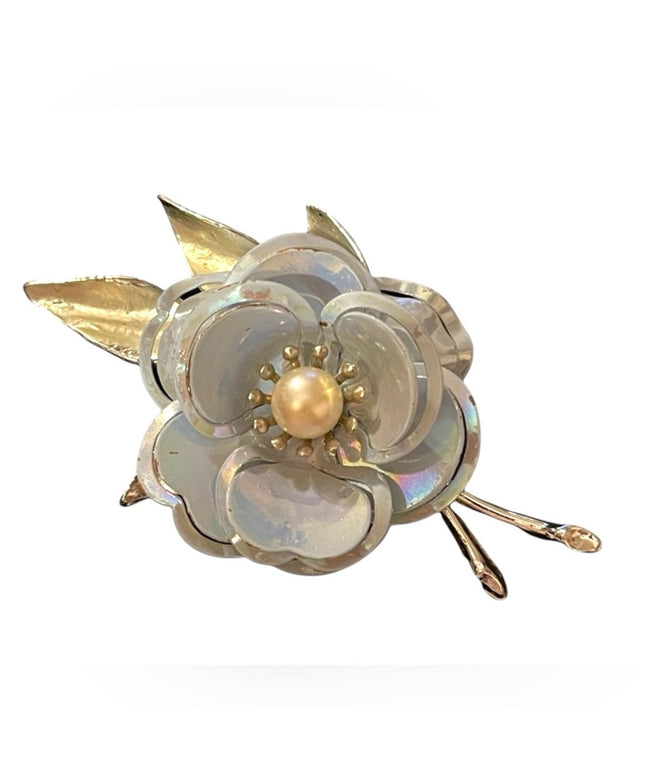 Beautiful large blue metal faux pearl flower brooch 1970s