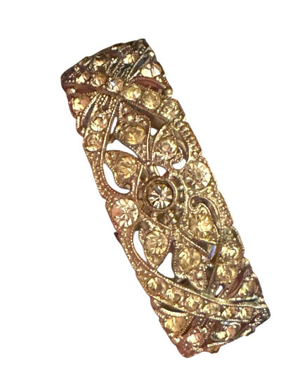 Vintage silver tone Pot metal hinged bangle bracelet with clear rhinestones