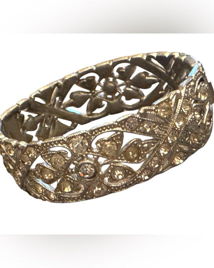 Vintage silver tone Pot metal hinged bangle bracelet with clear rhinestones