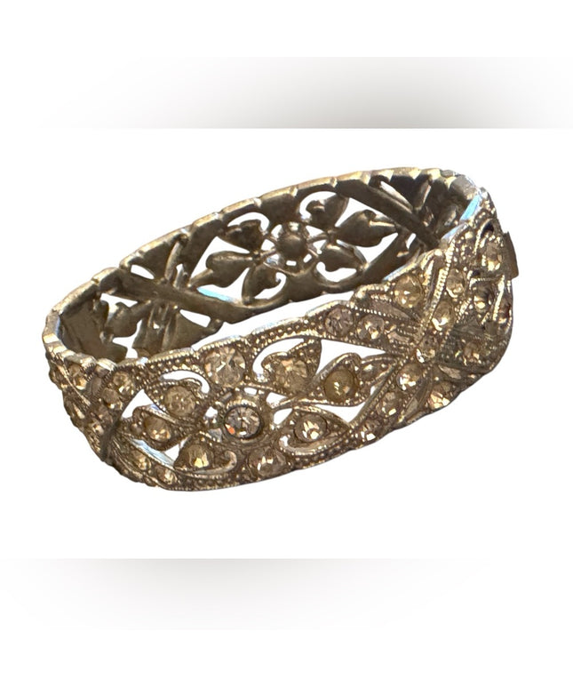 Vintage silver tone Pot metal hinged bangle bracelet with clear rhinestones