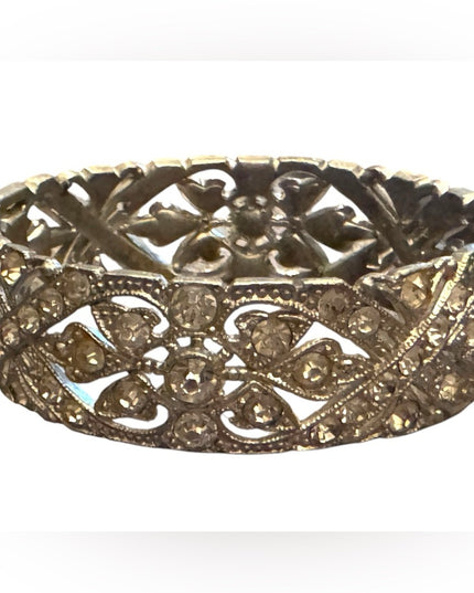 Vintage silver tone Pot metal hinged bangle bracelet with clear rhinestones