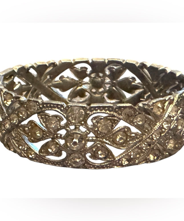 Vintage silver tone Pot metal hinged bangle bracelet with clear rhinestones