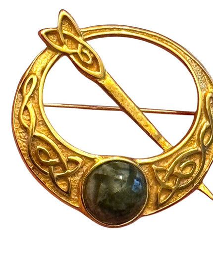 Celtic Gold Brooch with Green Stone Vintage Celtic Shawl,Scarf brooxh pin