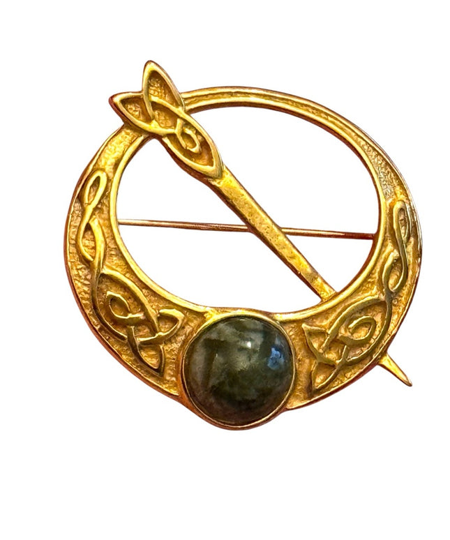 Celtic Gold Brooch with Green Stone Vintage Celtic Shawl,Scarf brooxh pin