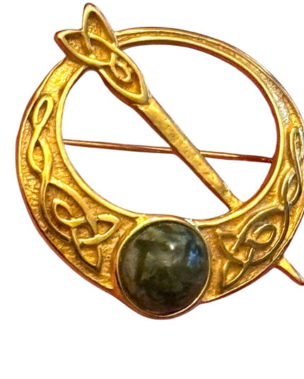 Celtic Gold Brooch with Green Stone Vintage Celtic Shawl,Scarf brooxh pin