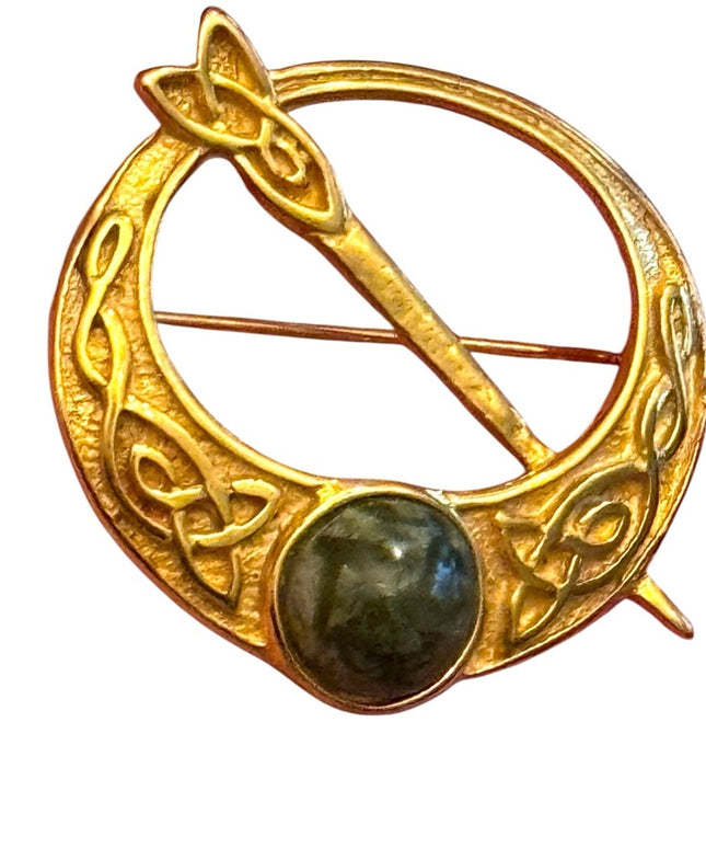 Celtic Gold Brooch with Green Stone Vintage Celtic Shawl,Scarf brooxh pin