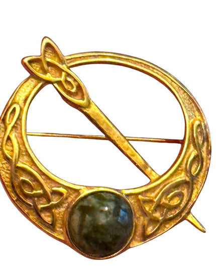 Celtic Gold Brooch with Green Stone Vintage Celtic Shawl,Scarf brooxh pin