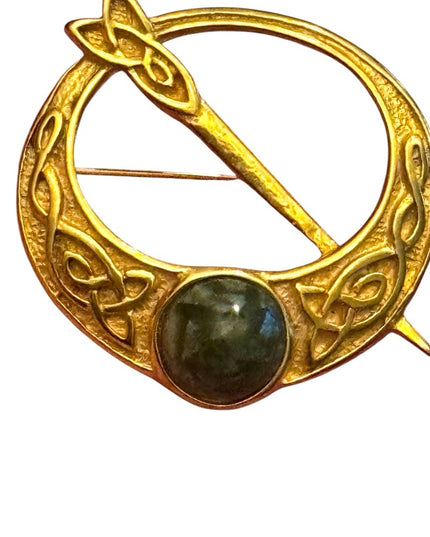 Celtic Gold Brooch with Green Stone Vintage Celtic Shawl,Scarf brooxh pin