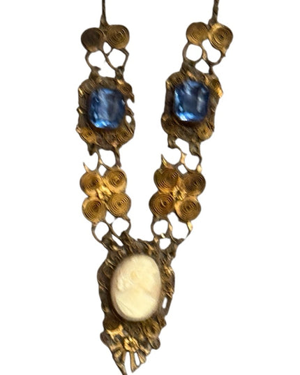 Anrique Cantile filagree carved shell Cameo brass Necklace  Blue paste stones