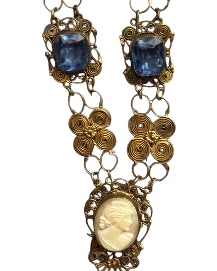 Anrique Cantile filagree carved shell Cameo brass Necklace  Blue paste stones