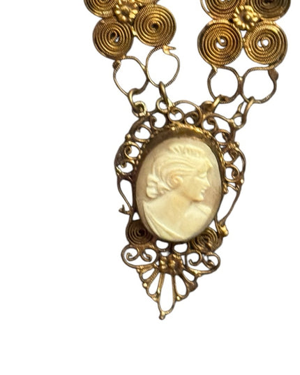 Anrique Cantile filagree carved shell Cameo brass Necklace  Blue paste stones