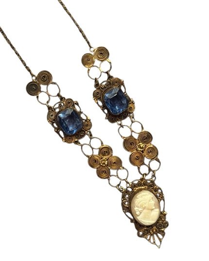 Anrique Cantile filagree carved shell Cameo brass Necklace  Blue paste stones