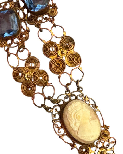 Anrique Cantile filagree carved shell Cameo brass Necklace  Blue paste stones