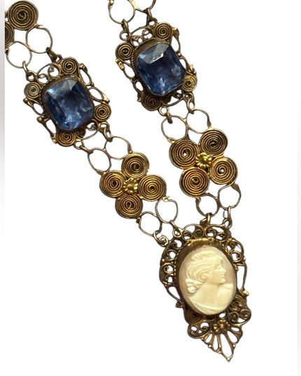 Anrique Cantile filagree carved shell Cameo brass Necklace  Blue paste stones