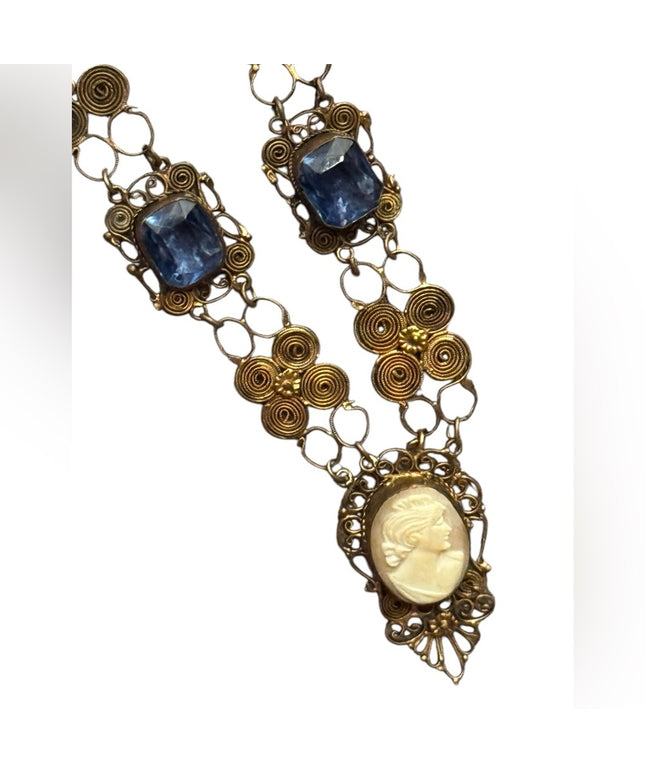 Anrique Cantile filagree carved shell Cameo brass Necklace  Blue paste stones