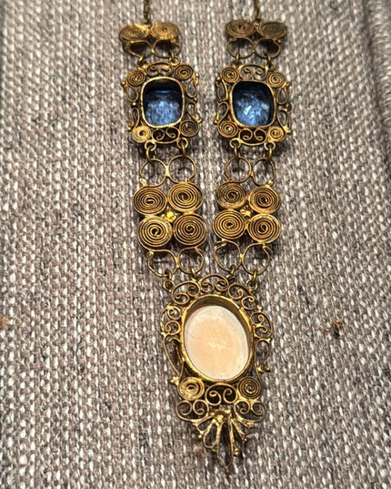 Anrique Cantile filagree carved shell Cameo brass Necklace  Blue paste stones