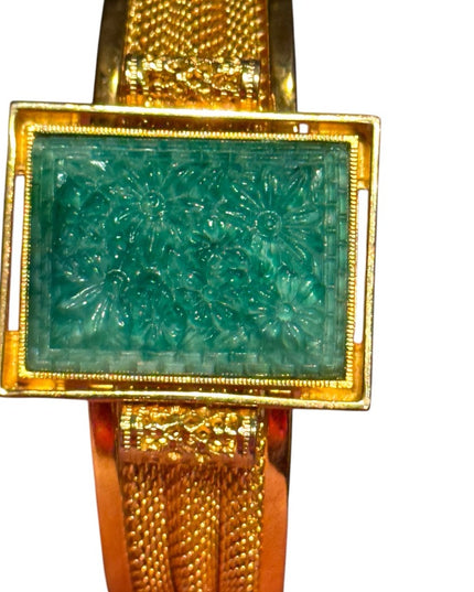 Vintage Gold plt hinged bangle Bracelet Green carved resin floral Stone