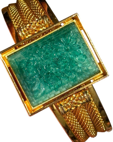 Vintage Gold plt hinged bangle Bracelet Green carved resin floral Stone