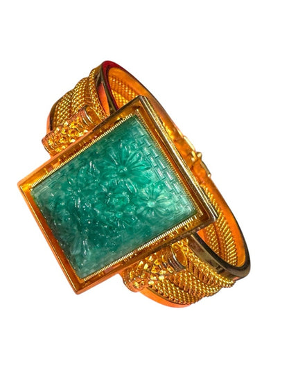Vintage Gold plt hinged bangle Bracelet Green carved resin floral Stone