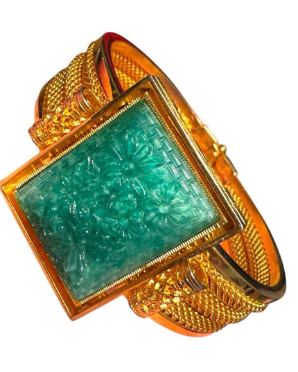 Vintage Gold plt hinged bangle Bracelet Green carved resin floral Stone