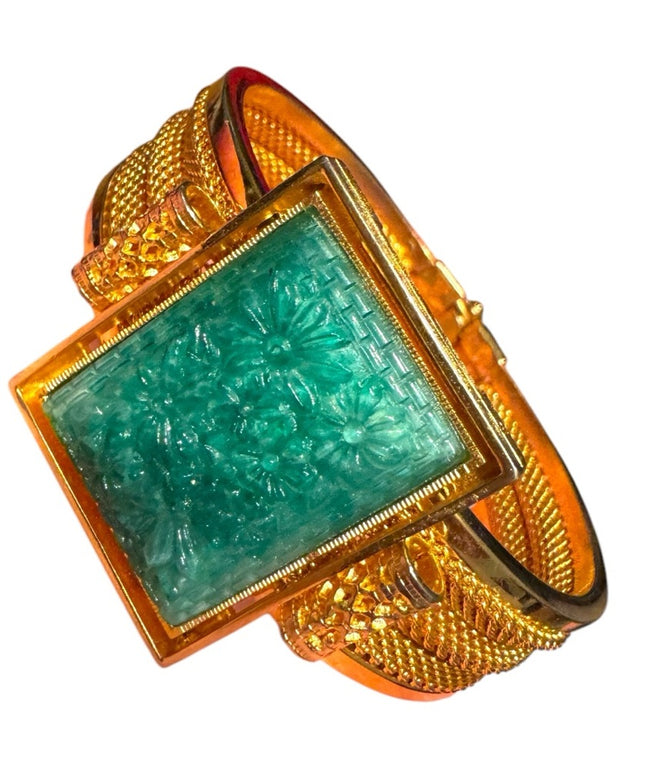 Vintage Gold plt hinged bangle Bracelet Green carved resin floral Stone