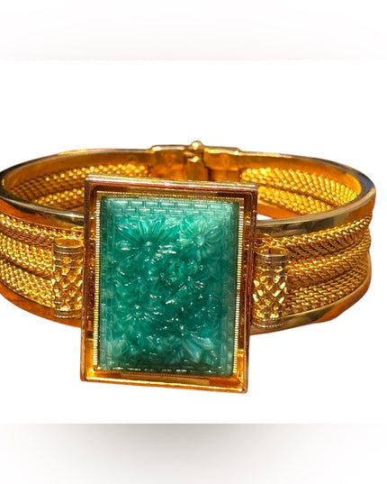 Vintage Gold plt hinged bangle Bracelet Green carved resin floral Stone