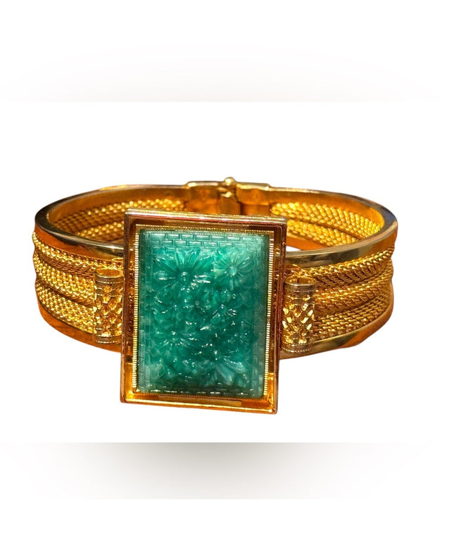 Vintage Gold plt hinged bangle Bracelet Green carved resin floral Stone