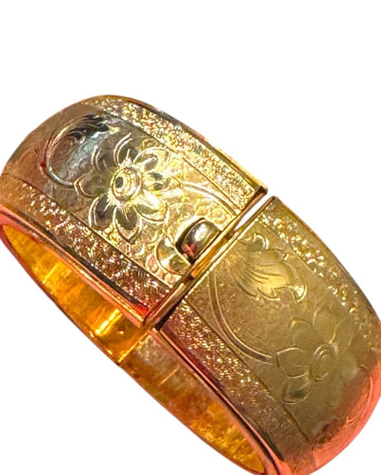 Vintage quality Gold plt Floral Engraved hinged Bangle