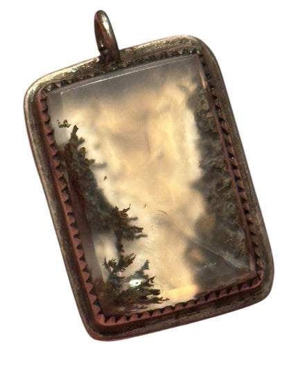 Vintage Moss Agate Southwestern silver rectangle necklace Pendant Handmade forge