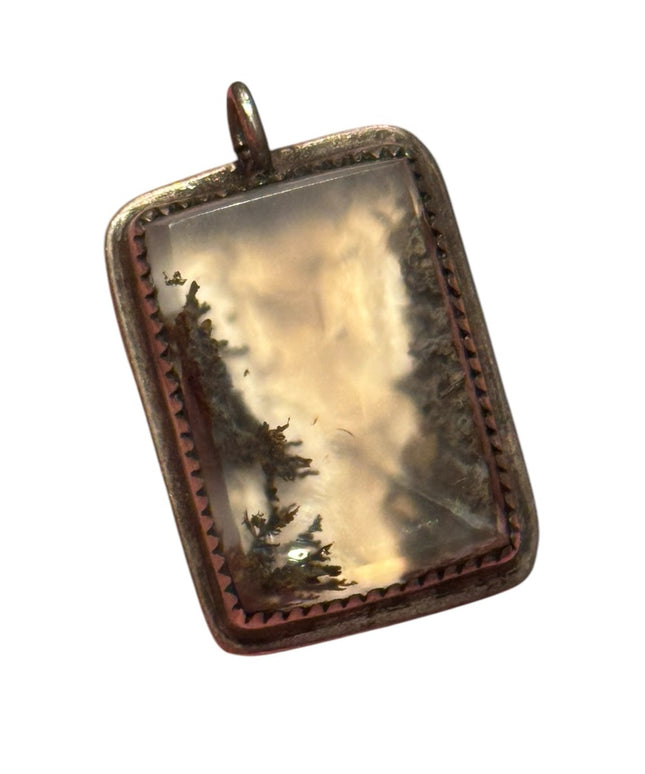 Vintage Moss Agate Southwestern silver rectangle necklace Pendant Handmade forge