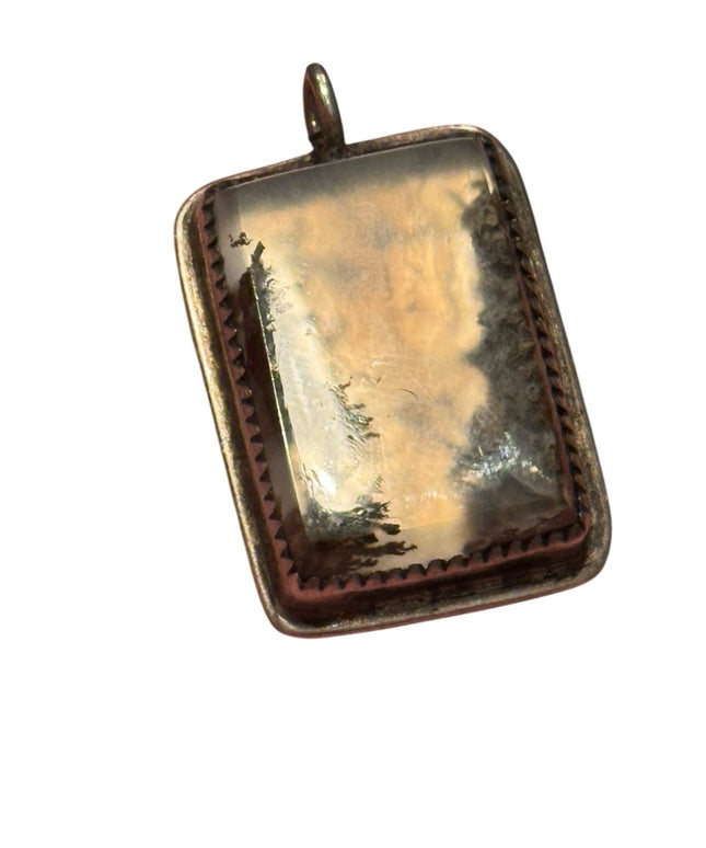 Vintage Moss Agate Southwestern silver rectangle necklace Pendant Handmade forge