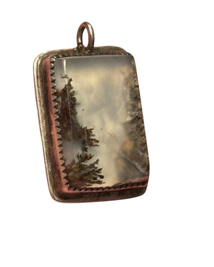 Vintage Moss Agate Southwestern silver rectangle necklace Pendant Handmade forge