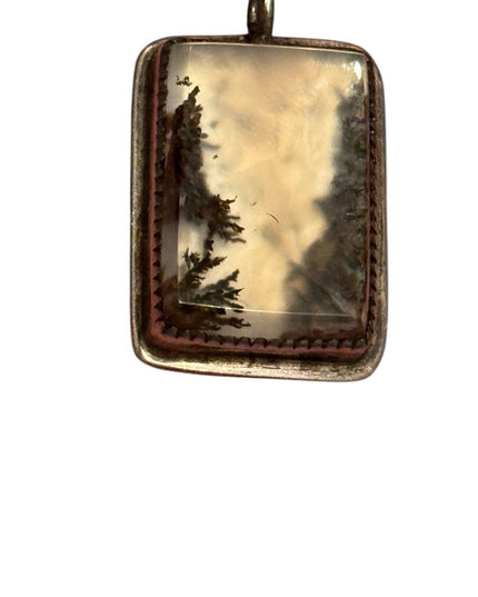 Vintage Moss Agate Southwestern silver rectangle necklace Pendant Handmade forge