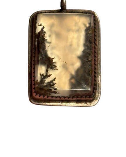 Vintage Moss Agate Southwestern silver rectangle necklace Pendant Handmade forge