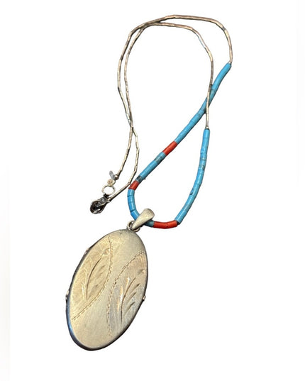 Antique sterling Hand made coral & turquoise necklace with sterling oval…