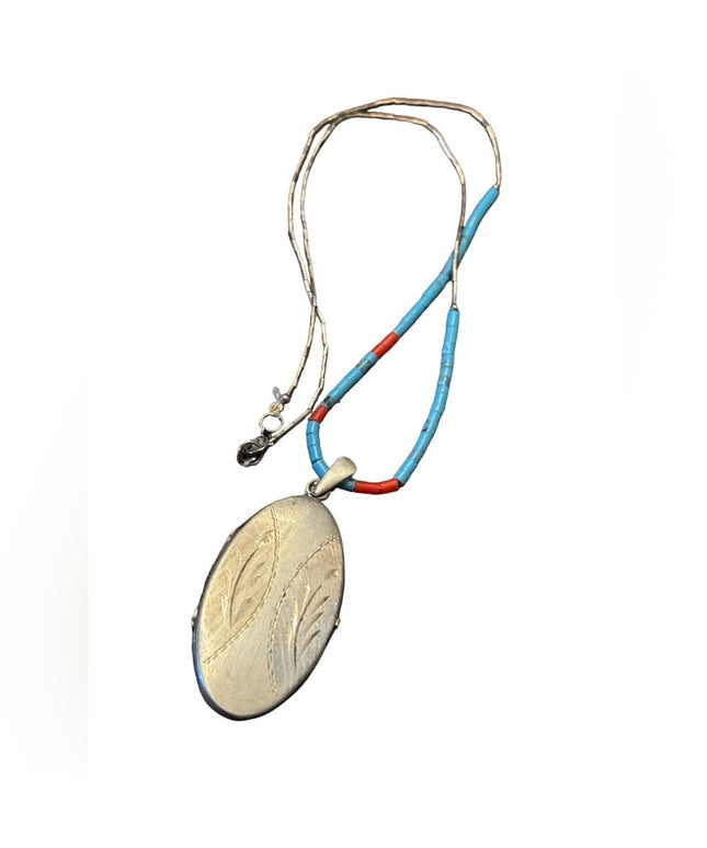 Antique sterling Hand made coral & turquoise necklace with sterling oval…