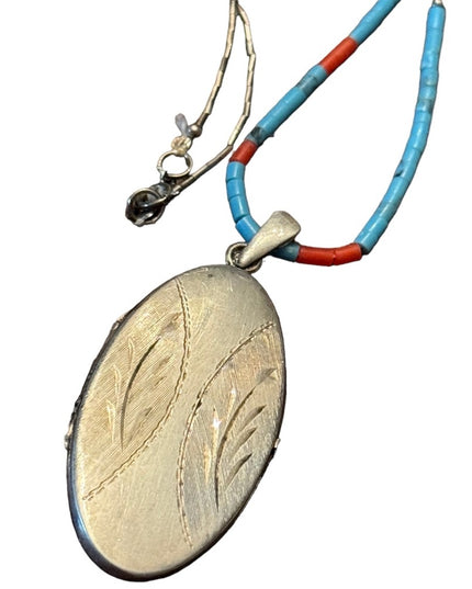Antique sterling Hand made coral & turquoise necklace with sterling oval…