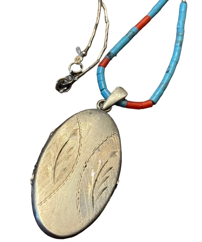 Antique sterling Hand made coral & turquoise necklace with sterling oval…