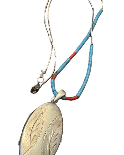 Antique sterling Hand made coral & turquoise necklace with sterling oval…