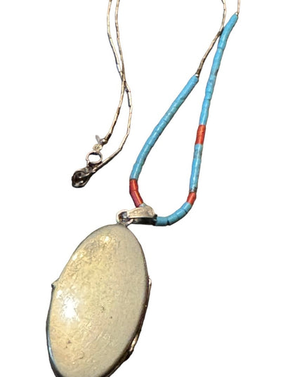 Antique sterling Hand made coral & turquoise necklace with sterling oval…